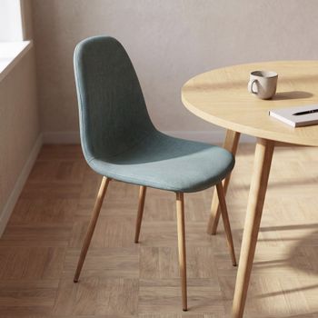 Silla de comedor de tela verde agua y patas efecto roble