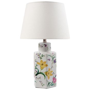 Lámpara De Mesa Elegante Con Base De Porcelana Con Diseño Floral Pantalla De Campana De Lino Iluminación Blanco Cavado