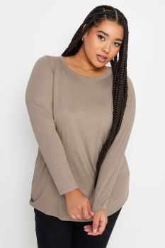 Yours Camiseta Manga Larga Marrón Claro, Mujer Curvy Y Tallas Grandes, Yours