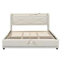 cama con canape de 160x200cm en tela de lino con led y puertos usb beige