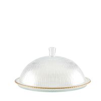 campana de vidrio bordes dorados sobre plato 32x32x17cm