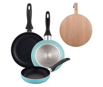 Well home set de 3 sartenes ø16ø20ø24cm de aluminio prensado en azul mate+tabla de corte redonda de 38x28x1,5cm en madera de haya