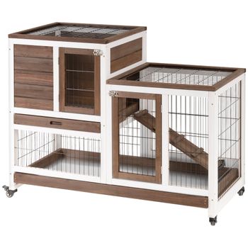 PawHut Conejera de Madera con Ruedas para Interior Jaula de 2 Pisos con Rampa y 2 Bandejas Extraíbles 110x50x86cm Marrón   Aosom España