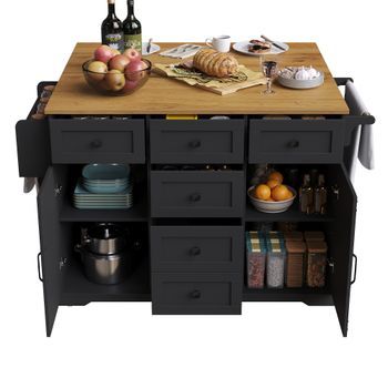 Isla De Cocina Negra Y Carrito De Servir Plegable, Extensible Con Gran Almacenamiento, 147x70x93cm, Mdf Y Metal, Negro