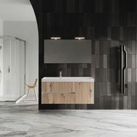 mueble de bano suspendido de 120cm en blanco con frontal de roble dorado y espejo de 120x60  cortina