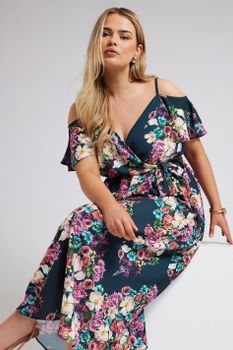 Yours London Vestido Azul Oscuro De Flores Con Hombros Descubiertos, Mujer Curvy Y Tallas Grandes, Yours London