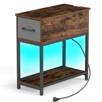 Costway Mesa Auxiliar Estrecha con Estación de Carga Luces USB Cajón y Estante Industrial 60 x 29 x 62cm Marrón Rústico y Gris
