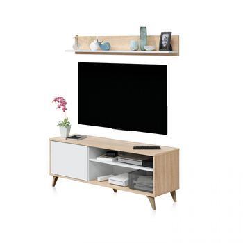 Mueble Tv Con Estante 135 Cm Kikua Plus Blanco Artik (blanco Mate) - Roble Canadian 135 X 50 X 40 Cm