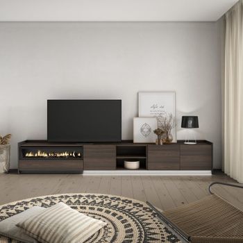 Mueble tv efecto madera roble negro 310x37x50cm chimenea efecto fuego