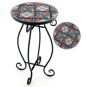 Costway Mesa Auxiliar de Exterior Mosaico con Tapa de Azulejos de Cerámica Soporte para Plantas Pequeña Mesa de Acento para Balcón y Jardín Negro