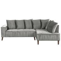 sofa esquinero 3 plazas de terciopelo gris claro madera oscura cojines grena