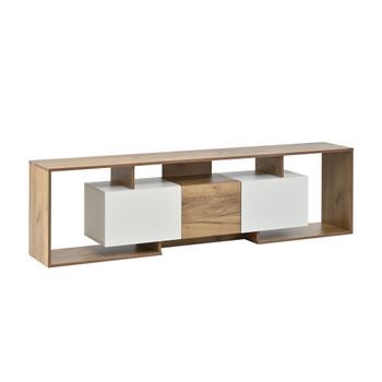 Mueble Bajo De Tv De 180 Cm, Blanco Y Madera Natural, Para Televisores De Hasta 85 Pulgadas