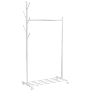 HOMCOM Burro para Ropa con Ruedas 5 Ganchos Barra para Colgar y Balda Inferior para Recibidor Entrada 86x43x171 cm Blanco