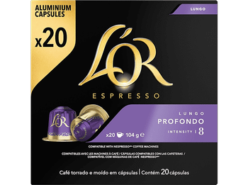 Cápsulas monodosis - L'Or Lungo Profondo, Intenso Especiado, 20 cápsulas, Intensidad 8, Compatible con Nespresso