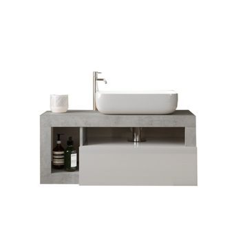 Mueble De Baño Suspendido Con Un Lavabo Y 1 Cajón, Longitud 92cm, Colección Bura. Colores Blanco Brillante Y Concreto.