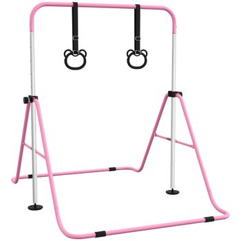 HOMCOM Barra de Gimnasia para Niños con Altura Ajustable en 5 Niveles y Anillos Entrenamiento de Gimnasia Plegable en Casa Rosa