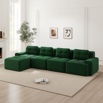 Canapé Modular De Esquina Con Chaise Longue De 4 Plazas, Asiento Profundo, En Terciopelo Acanalado Verde, Sin Montaje, Antideslizante
