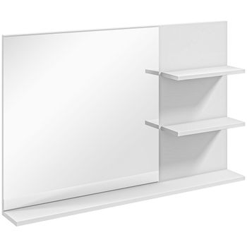 kleankin Espejo de Baño a Pared con 2 Estantes Laterales y Estante Inferior en MDF y Vidrio 75x10x48 cm Blanco   Aosom España