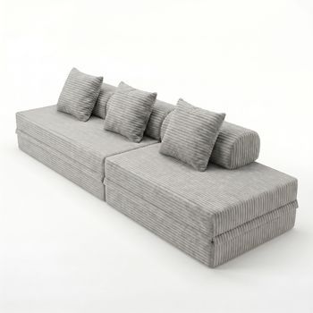 Sofá Modular 3+2 Lugares Convertible Terciopelo A Rayas Gris