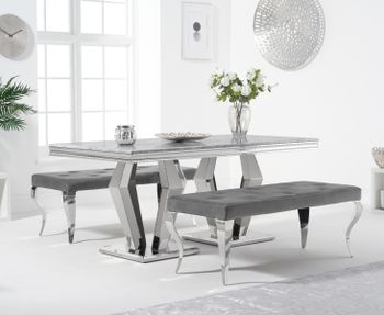 Viscount 180cm Marble Dining Table with Grey Fitzrovia Velvet Benches