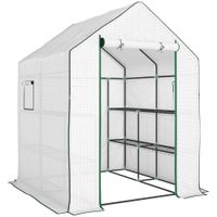 outsunny invernadero de exterior con 6 estantes puerta enrollable cubierta de pe y marco de acero 140x143x190 cm blanco