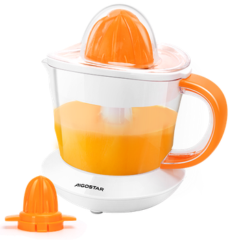 Aigostar Nia - Exprimidor de Naranjas Electrico, 40W, 700 ml, Doble Sentido de Giro, 2 Conos Desmontables y Cubierta Antipolvo, Apto para Lavavajillas, Exprimidor Electrico Blanco Naranja