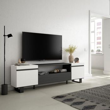Mueble tv efecto madera blanco y negro 200x35x57cm con patas
