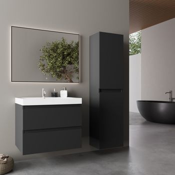 Conjunto De Mueble Baño Suspendido Con Lavabo 60 Cm Con Columna Negro Mate - Lomazoo Avalon