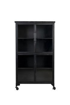 Vitrina alta de acero y madera negra con ruedas