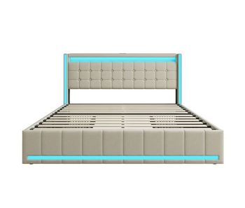 Cama tapizada 140x200 cm con función de carga usb y cabecero led y 4 cajones, estructura de cama doble, camas con canapé, cama juvenil, cama con somier de láminas de madera, material lino, beige