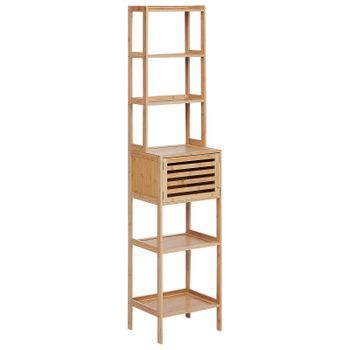 Estantería De Baño Moderno Almacenaje 6 Estantes 1 Puerta De Madera De Bambú Marrón Claro Lehi