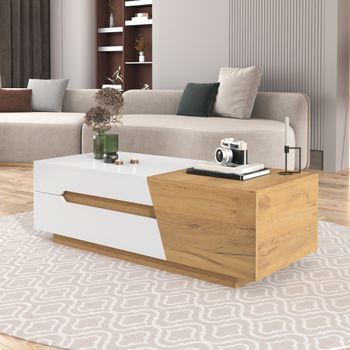Mesa De Centro - Mueble Para Salón - Mdf - Blanco Y Natural (120x50x37.5cm)