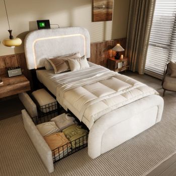 Cama Individual Tapizada Blanca De Sherpa 90x200 Cm Con Led, Usb Tipo C Y Dos Cajones