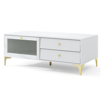 Costway Soporte para TV de 55'' Consola para TV con Compartimento Cajones Puerta de Vidrio Templado Abatible y Patas Metálicas para Salón Blanco