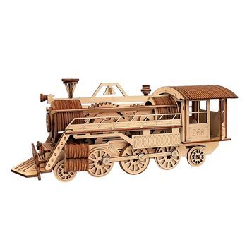 Maqueta De Madera 3d, Con Movimiento Mecánico Diseño De Tren De Vapor. 227 Piezas. 29,5x11x12 Cm. Color: Multicolor