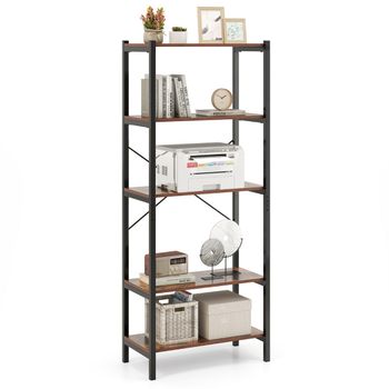 Costway Estantería de 5 Niveles Librería con Marco Metálico y Doble Sistema Antivuelco Mueble de Almacenamiento para Oficina Sala de Estar Marrón