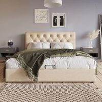 cama de 160x200 cm cabecera ajustable en altura almacenamiento hidraulico lino natural somier de lamas de metal incluido sin colchon color rosa