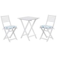 conjunto bistro de jardin blanco de madera de acacia 3 piezas con cojines azul y blanco plegable diseno moderno fiji