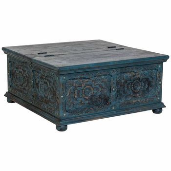 Mesa De Centro De Madera Artesanal Azul 100x100x47h Cm