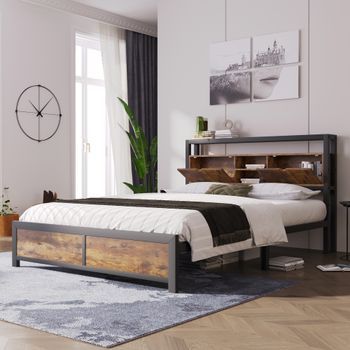 Cama De Metal 140 X 200 Cm Con Cabecero Con Almacenaje - Estilo Industrial - Negro