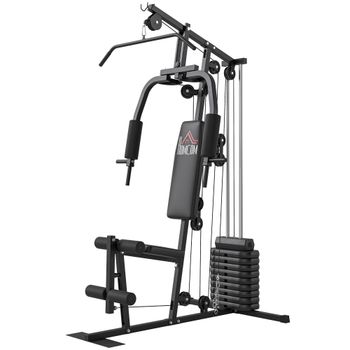 HOMCOM Máquina de Musculación con Pesas Ajustables de 45 kg Prensa de Pecho y Piernas Polea 135x103x200 cm Negro