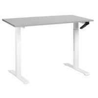 escritorio de altura regulable manualmente oficina moderna patas cuadradas  120 x 72 cm tablero gris soporte de acero blanco destines