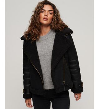 Superdry para mujer. W5011689A Chaqueta De Aviador De Borrego Sintético negro (S), Casual, Poliéster