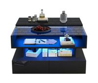 mesa de centro elevable 80x80x45 cm - con almacenamiento oculto 2 cajones led - negro