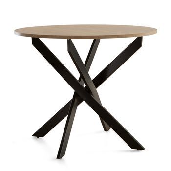 Mesa Redonda Blake, Industrial De Ø90 Cm Con Patas Metálicas Entrecruzado, Roble Y Negro
