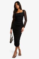vestido midaxi de malla fruncido con escote cuadrado negro