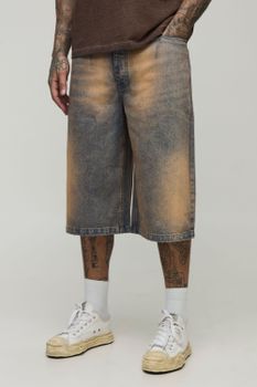 Tall Relaxed Fit Extreme Tinted Stonewash Longline Jorts, Azul