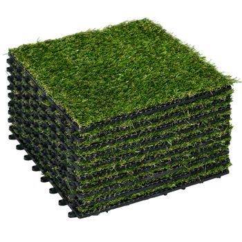 Outsunny Césped Sintético de 10 Piezas Alfombra Césped Artificial 30x30 cm con Altura de Hierba 20 mm y Anti-UV Verde Oscuro