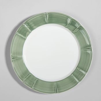 Plato llano de loza blanca con borde verde salvia