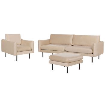 Conjunto De Sala De Estar 3 Plazas Estilo Retro Moderno Sofá Sillón Otomana De Terciopelo Beige Patas Negras Vinterbro